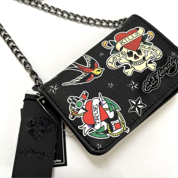 ED HARDY Tattoo Print Mini Crossbody Wallet Bag Skull Heart Anchor Art NWT Black - Picture 1 of 6